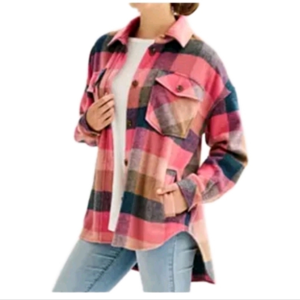 SO Shacket Thick Pink Teal Plaid Oversized Shirt Jacket Warm Heavyweight NWT